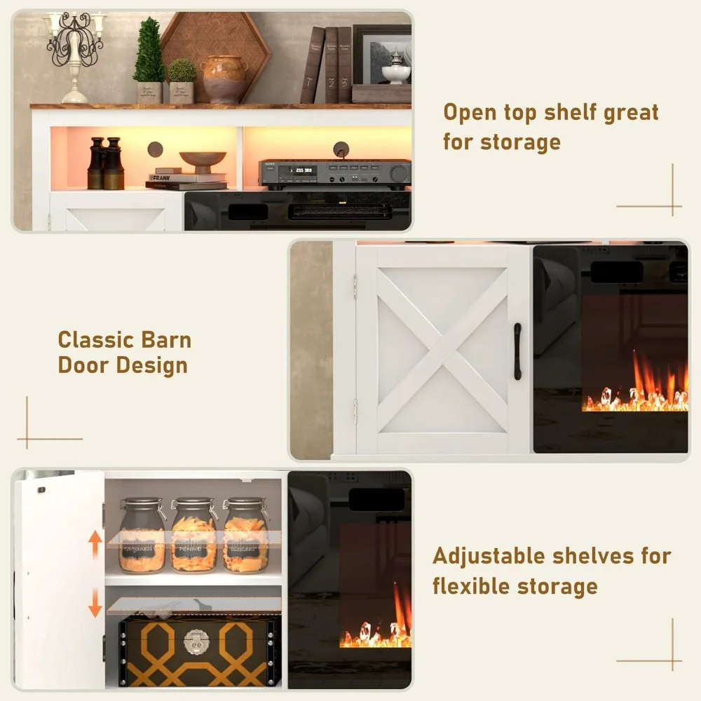70-80 Inch TV Farmhouse Style Fireplace Entertainment Center with 36 Electric Fireplace and LED Lighting