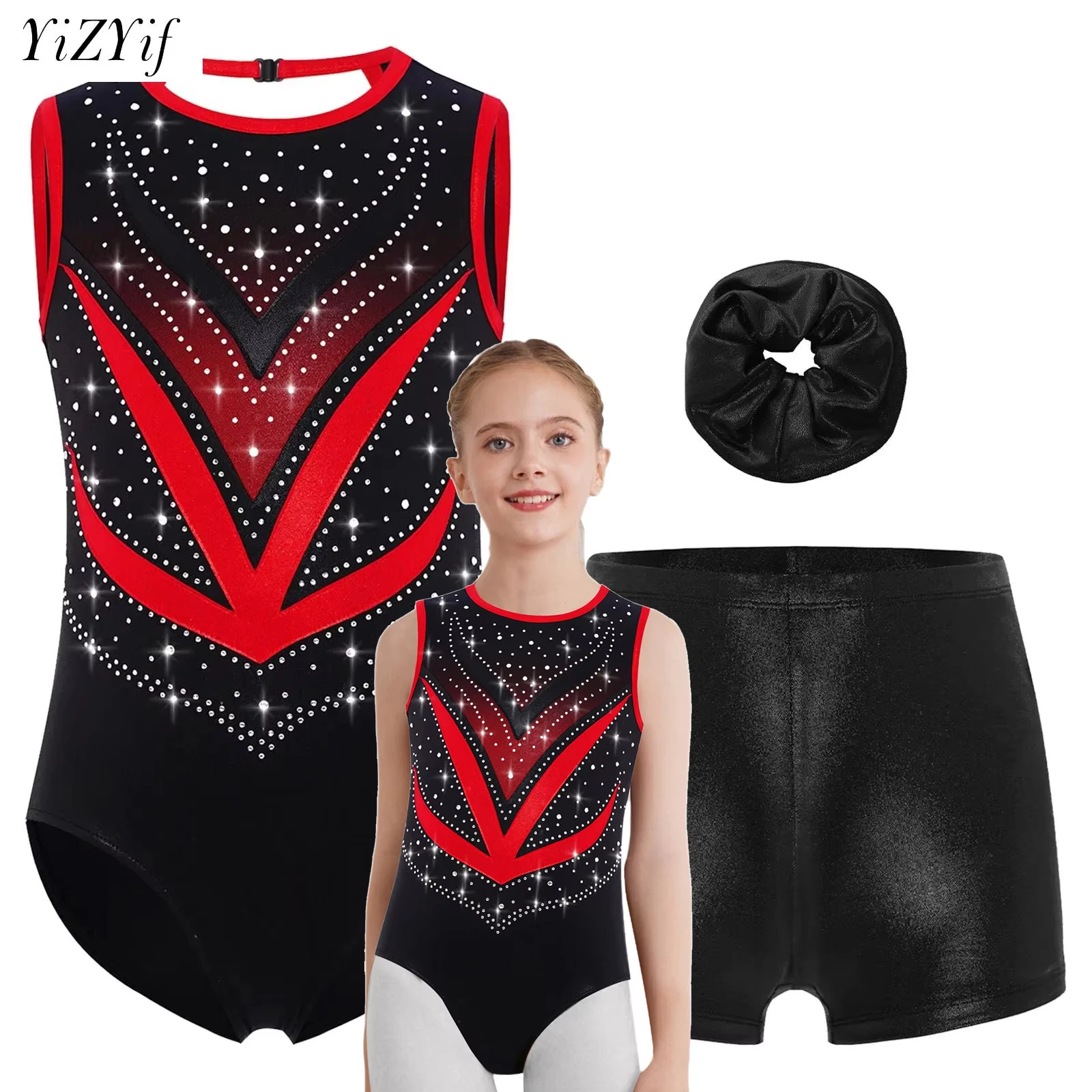 

Kids Girls Shiny Rhinestone Gymnatics Leotards Ballet Dance Bodysuit with Shorts Hairband Set Ballet Jersey Practice Dancewear