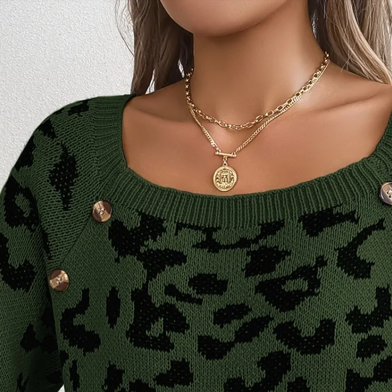 2023 Autumn and Winter Women\'s Pullover Square Neck Button Contrast Leopard Pattern Slim Fit Sweater Fashion Long Sleeve Tops