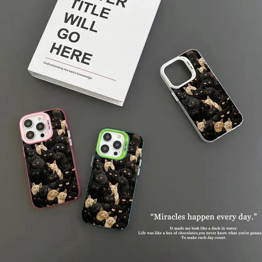Black Cat Art Phone Case IMD Color Silver Shell For IPhone 16 15 14 13 12 Pro Max Plus