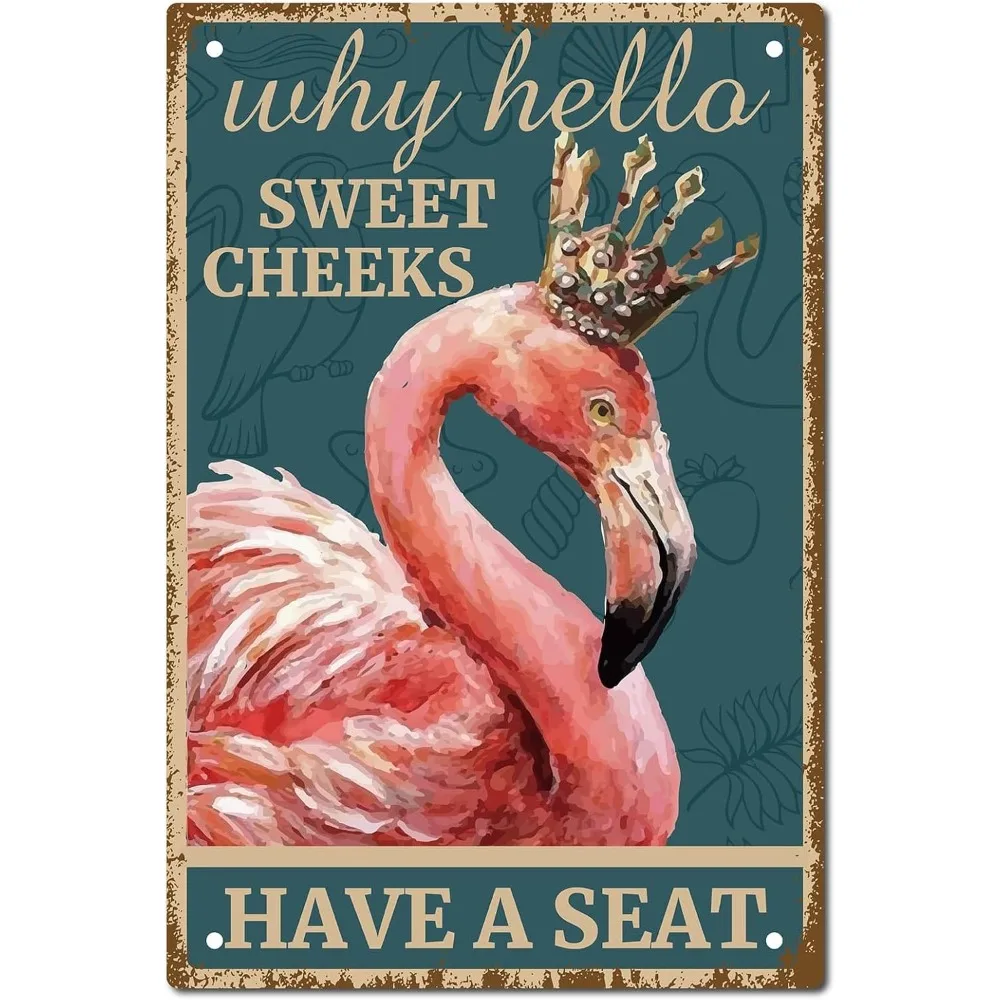 Flamingo Vintage Sign Metal Tin Sign Wall Art Decor Why Hello Sweet Cheeks Retro Painting Poster Plaque Decor for Bathroom