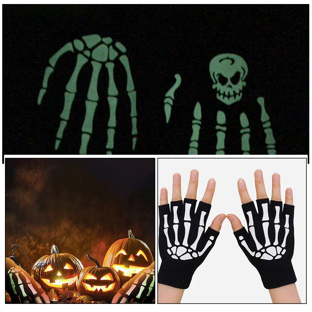 2Pairs Gloves Adult Halloween Costume Luminous Winter Warm Gloves Halloween Skull Handgloves Glove