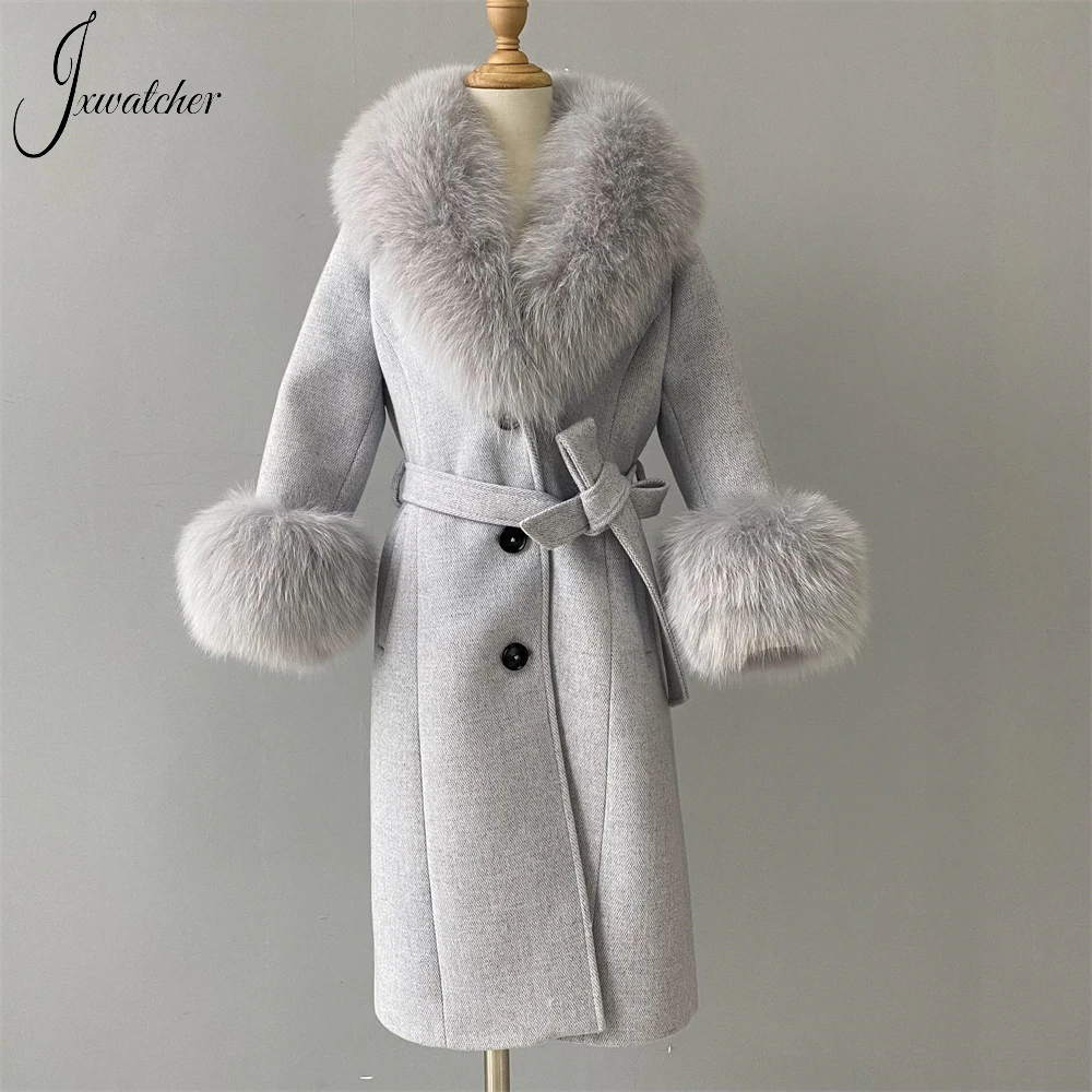 

Jxwatcher Kids Cashmere Trench Coats with Big Real Fox Fur Collar and Cuffs Girls Winter Belt Slim Coat Boys Fall Wool Outerwear