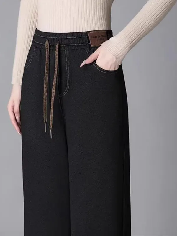 Taille haute Fce doublé Thiened Faux Denim pantalon pour les femmes automne hiver nouveau Sle chaud jambe large pantalon à la mode pantalons décontractés