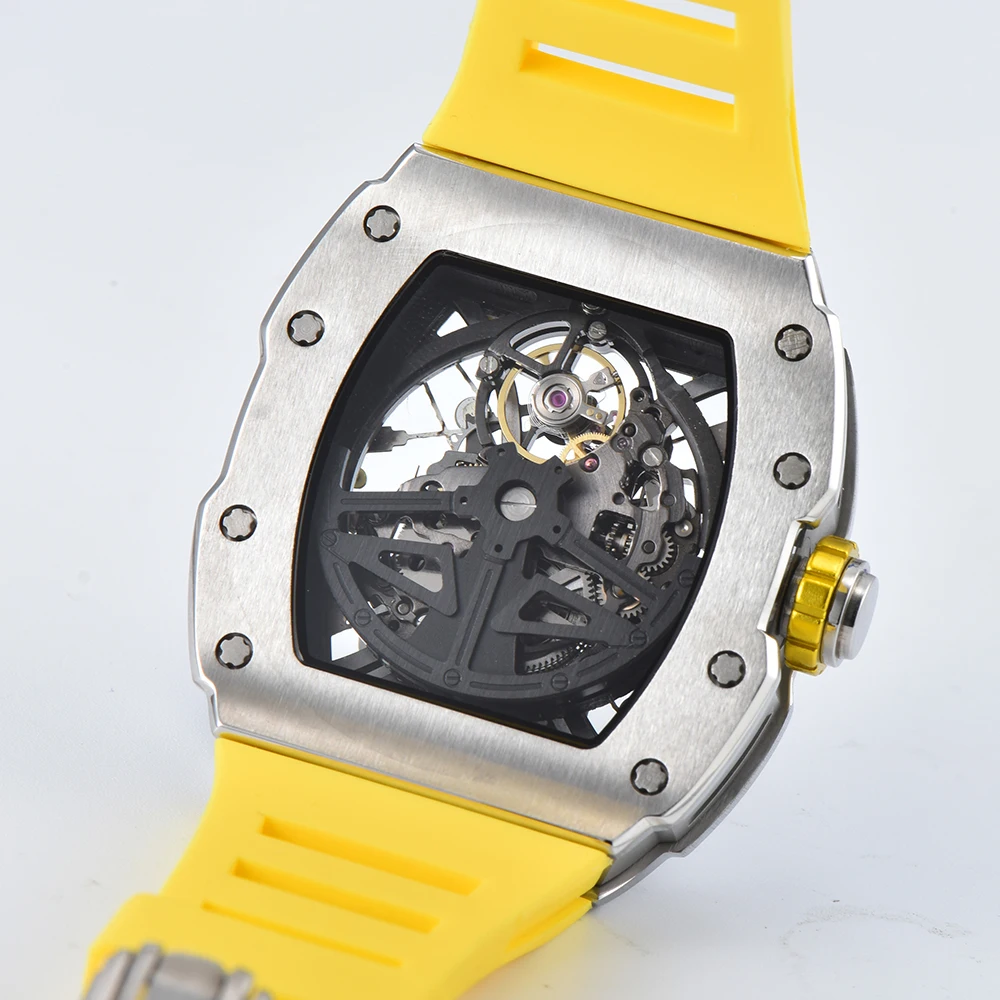 ЧАСЫ с турбийоном, мужские механические часы со скелетом и драгоценными камнями, браслет в форме бочонка с сапфировым стеклом, водонепроницаемый турбийон 10 АТМ