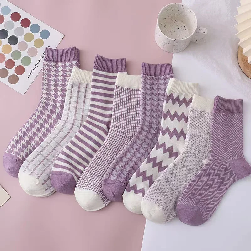 5Pairs/Lot Purple Design Japanese Girl's Sock For High School Students Cotton Comfortable Socks