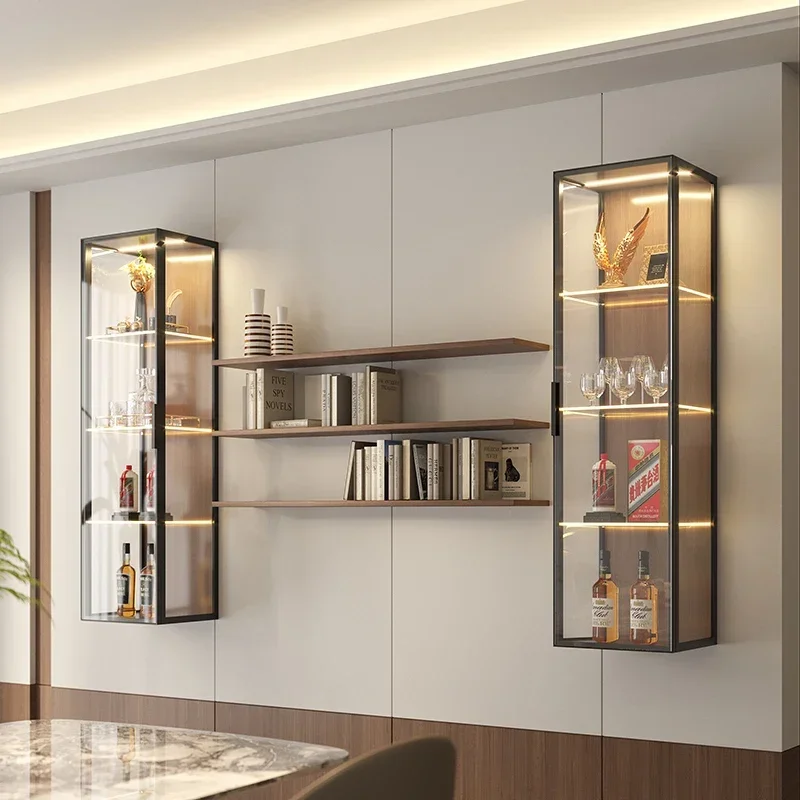 

Advanced Italian Minimalism Light Luxury Wall Mounted Tempered Glass Restaurant Side Display Cabinets Living Room