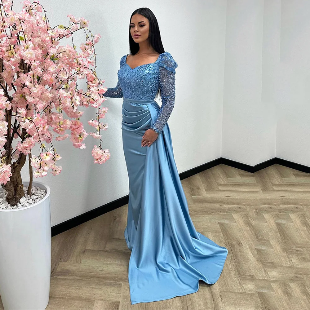 

Customized Long Sleeve Satin Patchwork Illusion Sweetheart Neck Evening Dresses Straight Sparkly Sequins Prom Gown فساتين مناسبة