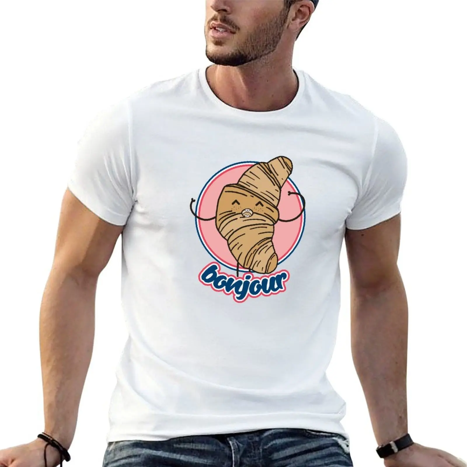 

French kawaii croissant with the statement bonjour T-Shirt t shirts for man cotton t shirts for man graphic funny T-Shirt