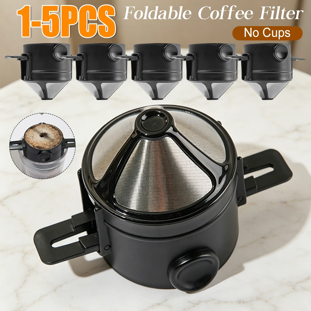 1-5PCS Portable Coffee Filter Collapsible Coffee Maker Stainless Steel Drip Coffee Tea Holder Foldable Pour Over Coffee Dripper