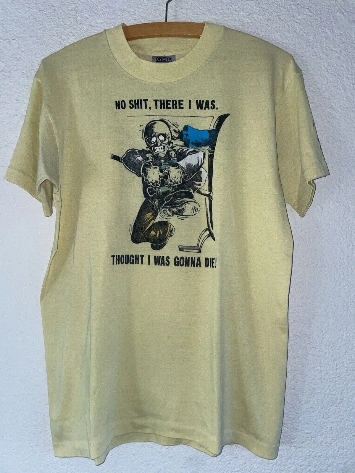 Vintage 80’s Funny T-Shirt Large Yellow Comedy Tee Skydiving USA 1980s Rare