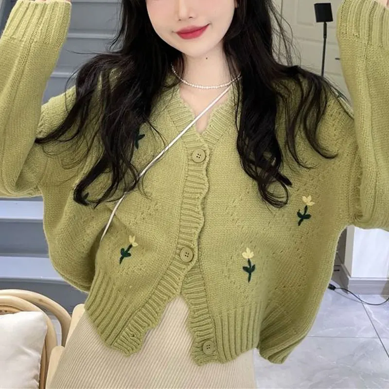 Casual Floral Embroidery Cardigan Stylish Female Clothing V-Neck Loose Korean Spring Autumn Vintage Long Sleeve Knitted Sweaters