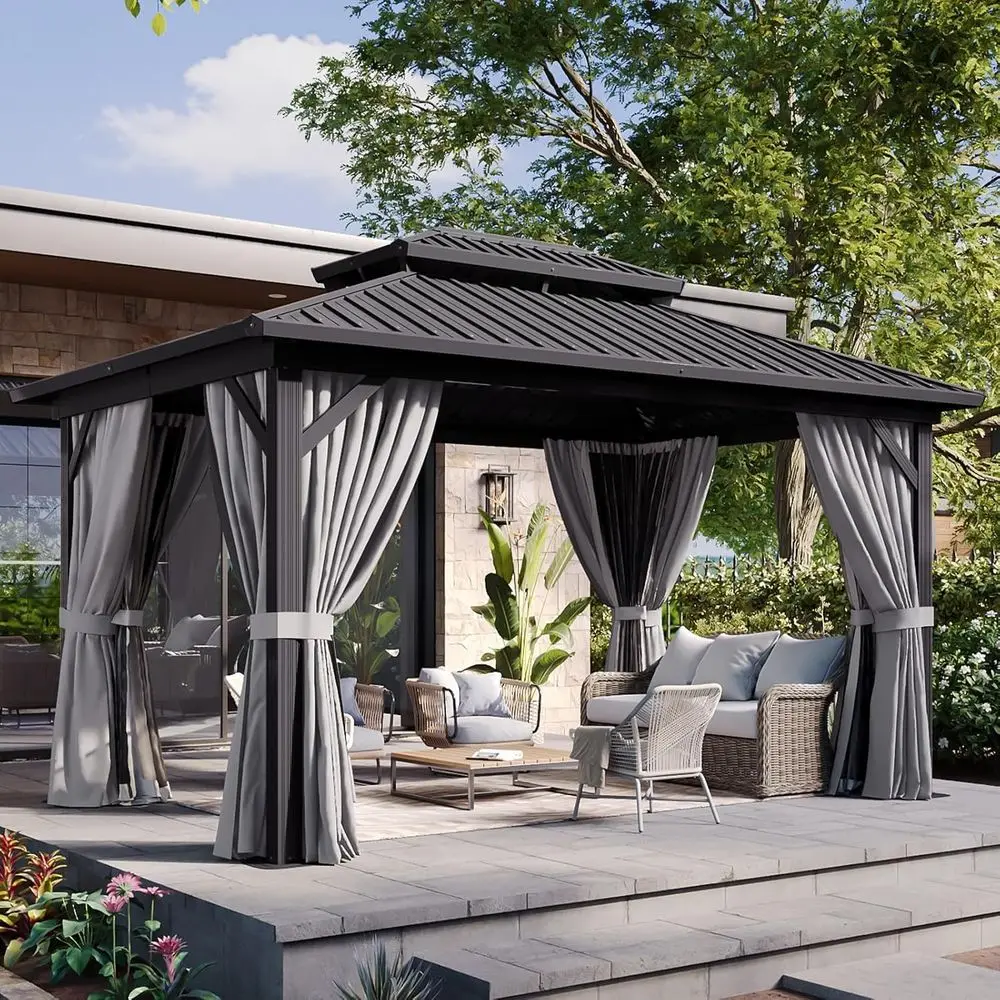

10' X 12' Hardtop Gazebo, Metal Outdoor Gazebo with Galvanized Steel Double Roo, Permanent Patio Pavilion with Breathable Nettin