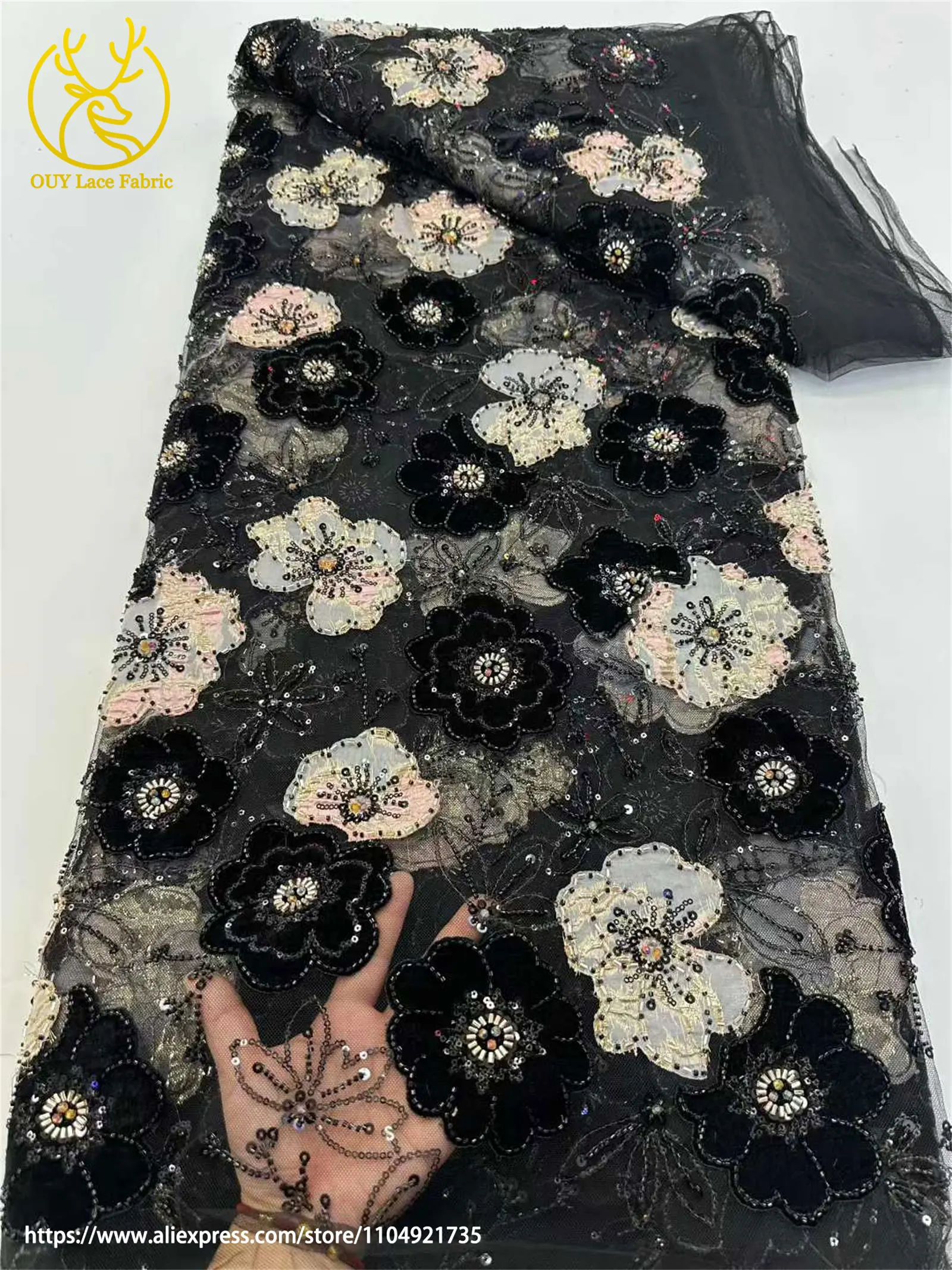 Newest African Velvet Embroidery Beaded Lace Lace Fabric 2025 Nigeria Sequin Lace Fabric For Wedding Banquet Dress Sewing