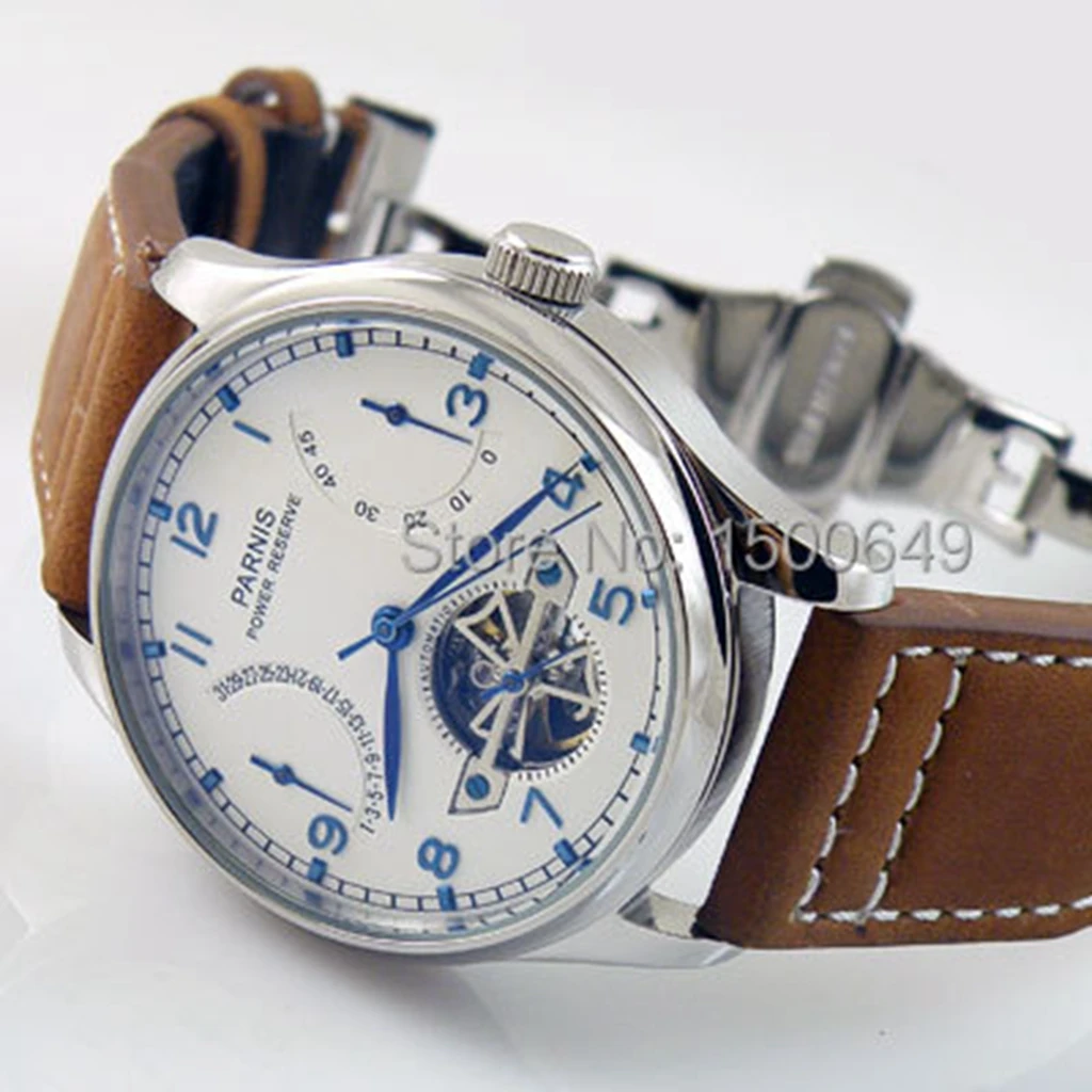 Imagem -02 - Parnis-relógio de Pulseira de Couro Movimento Automático Masculino Prata Case Mostrador Branco Gaivota St2505 Power Reserve Top Casual 43 mm