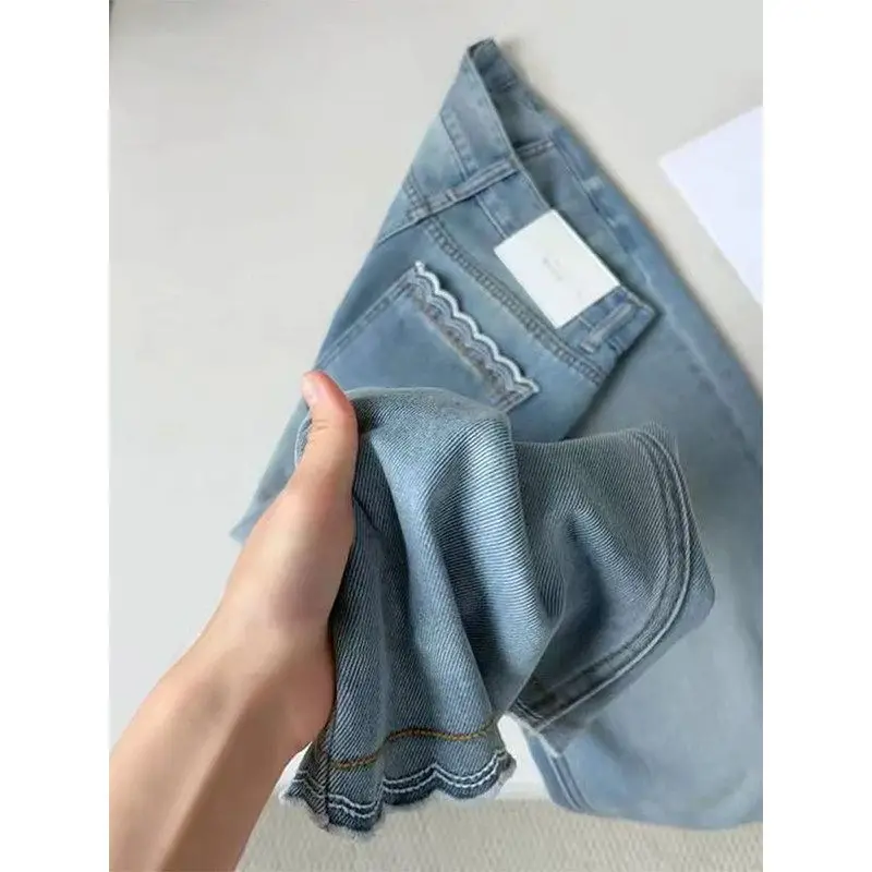 High Waist Straight Leg Ice Silk Denim Pants Women's Summer Thin Wide Leg Nine Points Slimming Pants Loose Fit No Stretch