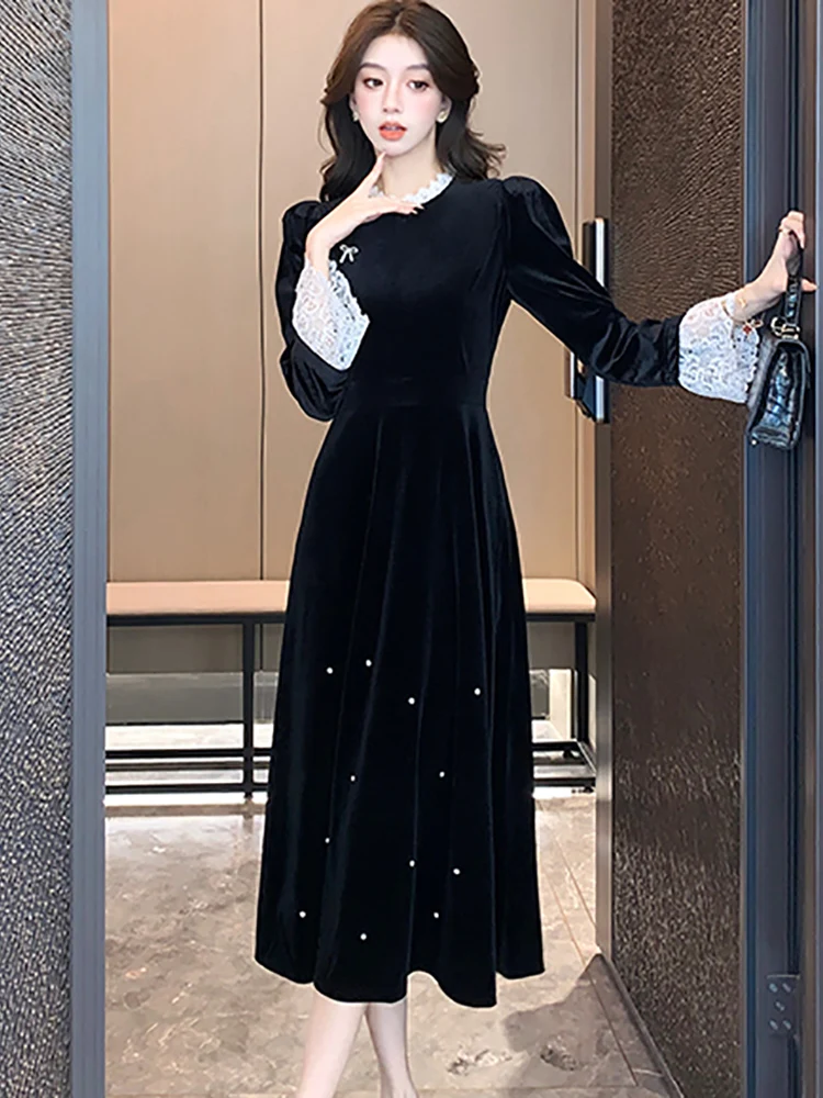 Robe longue en velours noir à volants et perles, tenue de soirée de luxe, Vintage coréenne, élégante, moulante, automne hiver 2025