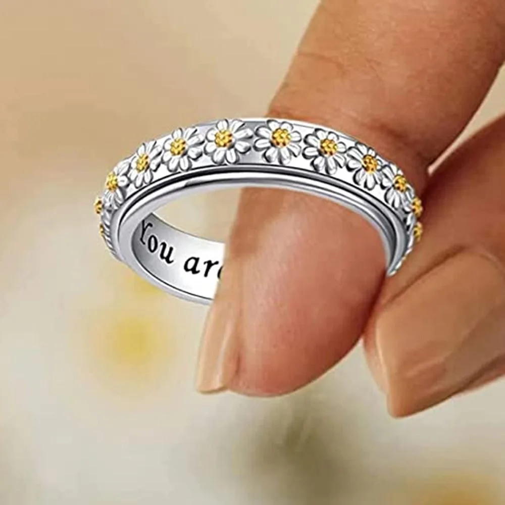 حلقة دوارة ديزي الماس الكامل للنساء ، مكافحة الإجهاد زهرة فيدجيت الدوار ، مجوهرات إصبع خمر ، حساسة