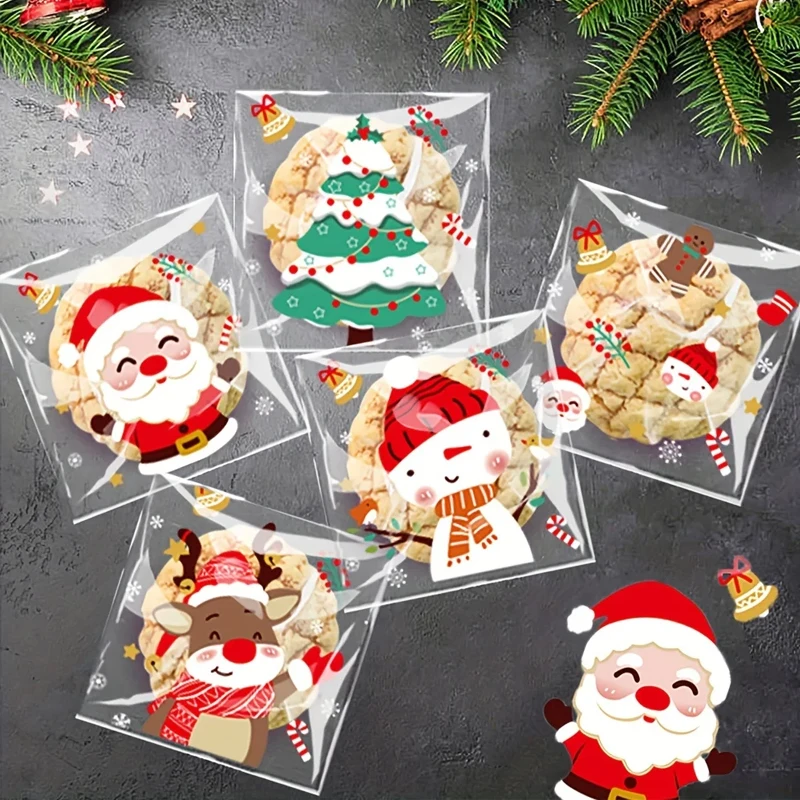 100 Stück Weihnachts-Süßigkeits-Plätzchen-Beutel, selbstklebende Geschenkverpackung, niedlicher Navidad-Weihnachtsbaum, Weihnachtsmann, transparente Opp-Beutel, Party-Dekoration