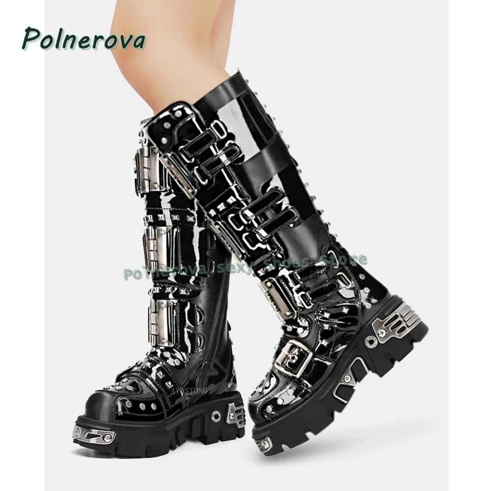 

Мотоциклетные ботинки в стиле киберпанк с металлической пряжкой, мотоциклетные ботинки с круглым носком на массивном каблуке и платформе, сапоги до колена в стиле панк для пар, тяжелая рабочая зимняя обувь 2025