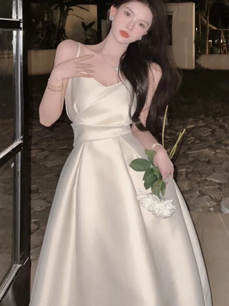 Elegant Chic Solid Folds Wedding Guest Graduation Dresses Women  Fashion Strap Corset Evening Party Dress Summer Vestidos New