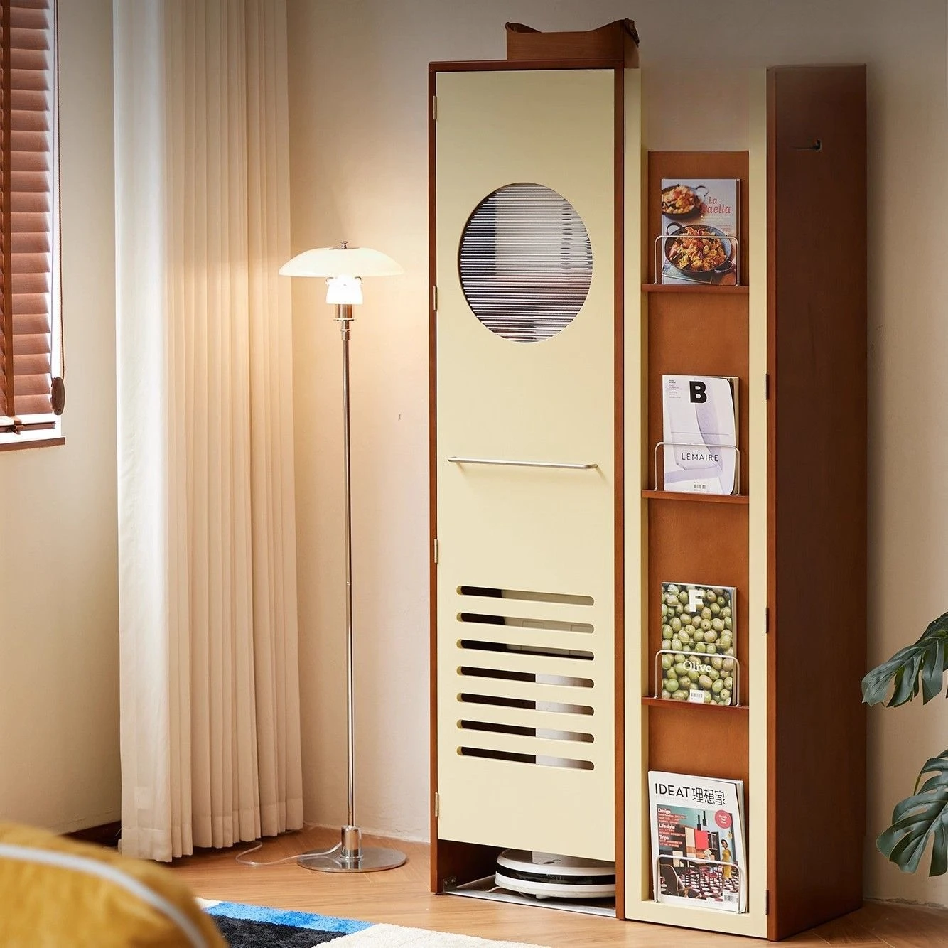 

Customizable Nordic solid wood housekeeping cabinet retro small apartment removable wall sweeping robot storage cabinet