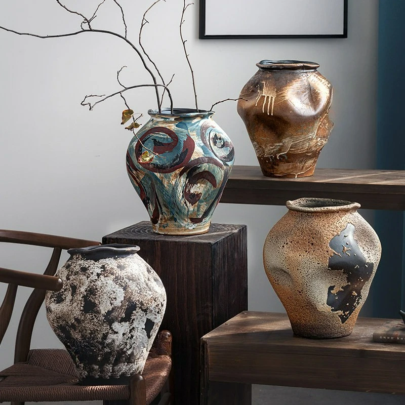 Vintage Nostalgic Ceramic Vase Handmade Stoneware Fresh Flower Vessel B&B Hotel Wabi Sabi Pottery Zen Accent for Living Room