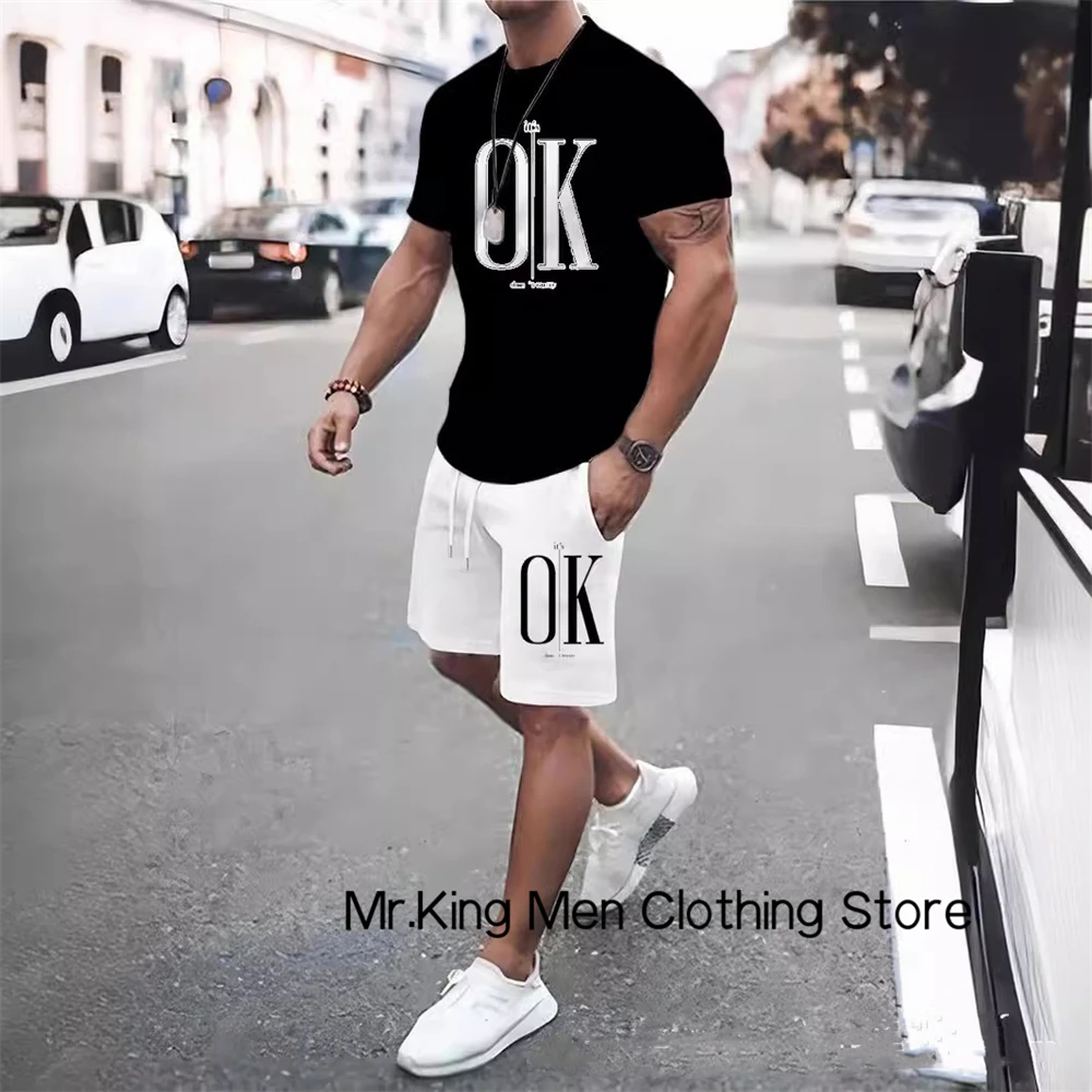 Summer Men's T-shirt Suit New Casual Fashion 3d Print Short-sleeved T-shirt Shorts Suit Interesting Letter Pattern Men's T-shirt