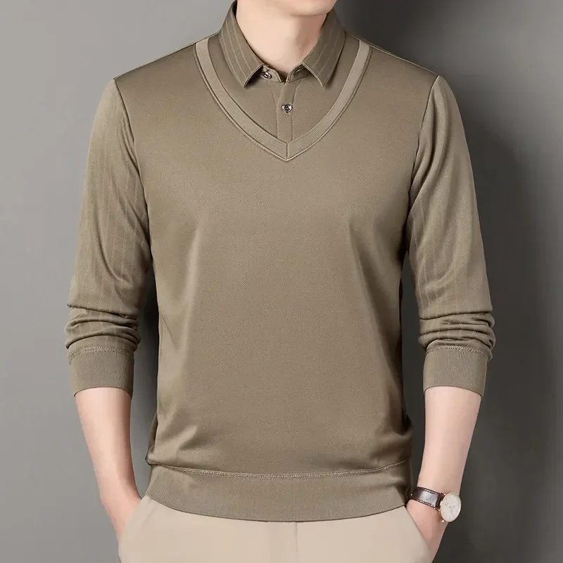Men Fake Two Piece Pullover Knitted Sweater 2024 Winter Warm Top Thickened Velvet Fleece Lined Shirt Collar Sweater Men Clothes