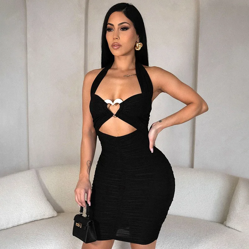Metalowa Klamra w Kształcie Serca, Wycięta, Marszczona Sukienka Mini Bodycon Damska, Seksowna, Jednolita, Sznurowana, Bez Pleców, Wyszczuplająca, Imprezowa, Klubowa, Vestidos