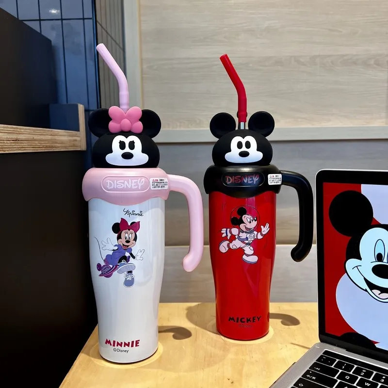 Urso de morango minnie mickey caneca de aço inoxidável dos desenhos animados boneca copo de grande capacidade ao ar livre portátil palha copo portátil