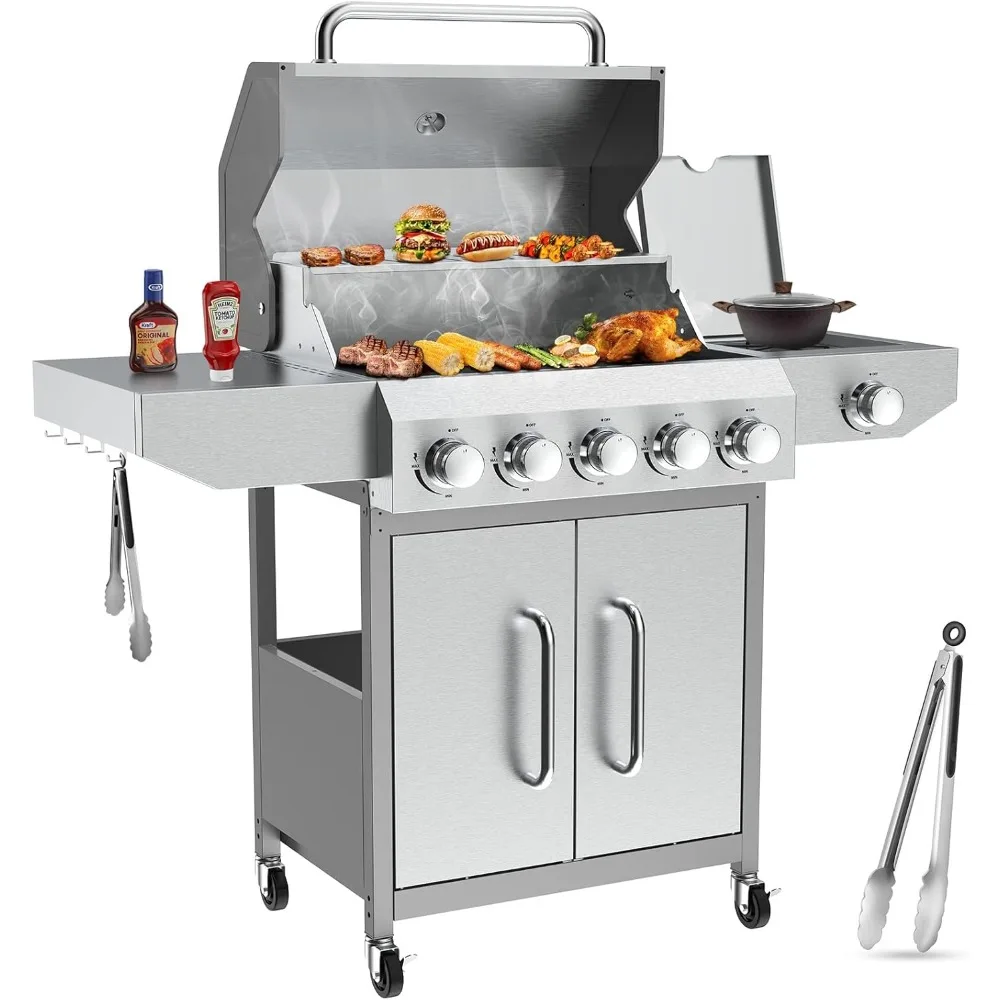 

Llamaviva 5 Burner Propane Gas Grill with Side Burner,Stainless Steel BBQ Grill with Porcelain-Enameled Cast Iron Grates, 68000
