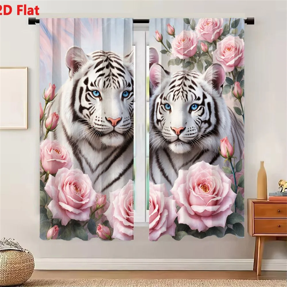 2Pcs Curtains 2D Flat White Tigers With Black Stripes And Blue Eyes In Pink Roses Background Light Pastel Sky Dreamy Romantic Wh