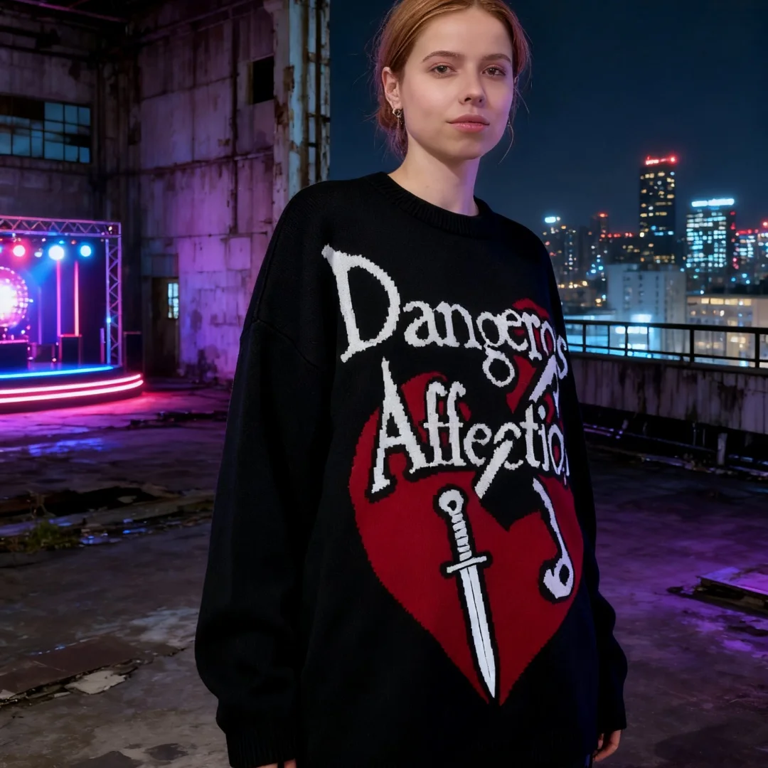 

Винтажный вязаный свитер унисекс Y2K, свободный крой, пуловер с графическим рисунком, эстетический повседневный осенний джемпер, винтажный трикотаж с буквенным принтом