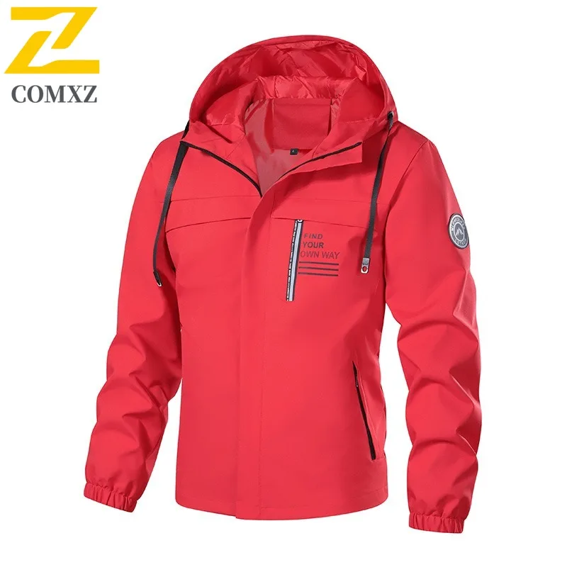 

COMXZ 2025 Men Hooded Windbreaker Jacket Outdoor Waterproof Windproof Hiking Sport Coat Autumn Casual Fashion