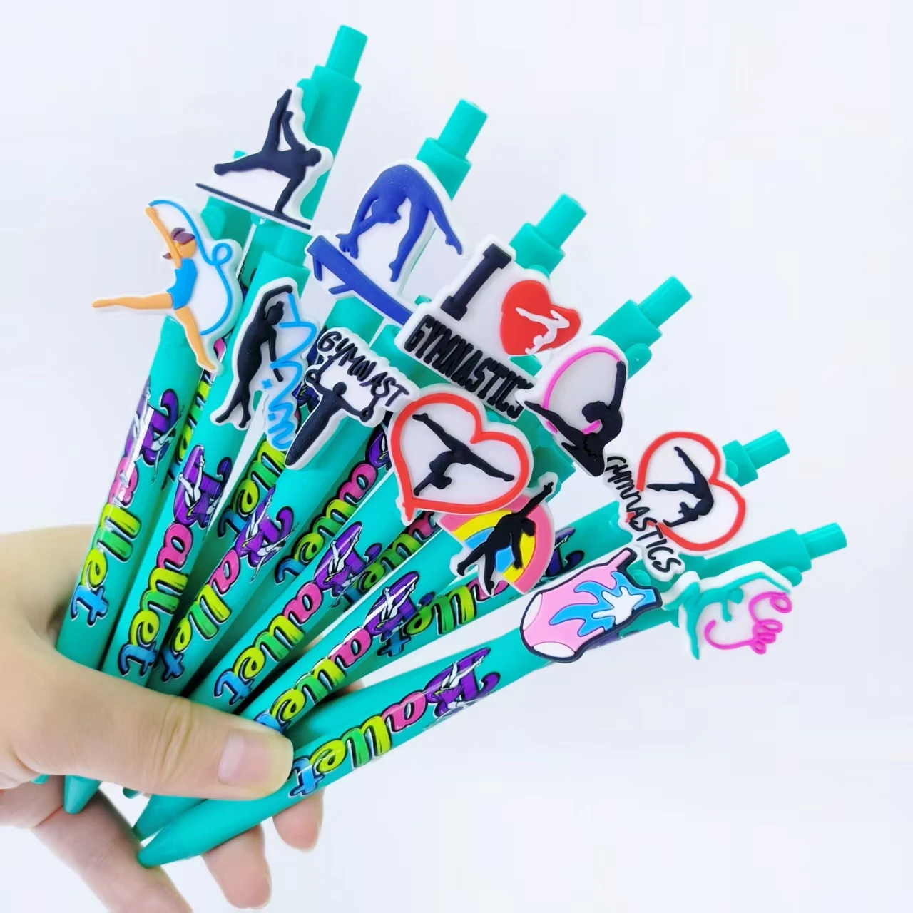 

8/16pcs Fitness Gymnastics Theme Press Ballpoint Pen Blue Green Pen Holder Series Ballpoint Pen Office Learning Writing Pen