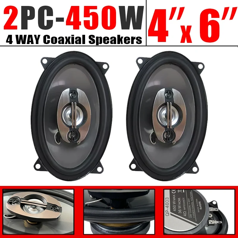 1쌍 450W 4x6인치 4웨이 차량용 HIFI 동축 스피커 자동차 도어 오디오 음악 스테레오 트위터 미드우퍼 풀레인지 주파수