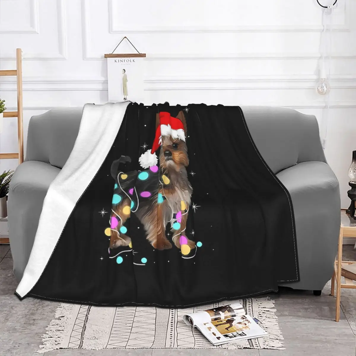 Cute Terrier Santa Hat Christmas Light Yorkshire Cartoon Blanket Fleece Spring Thin Throw Blankets For bed Plush Thin Quilt