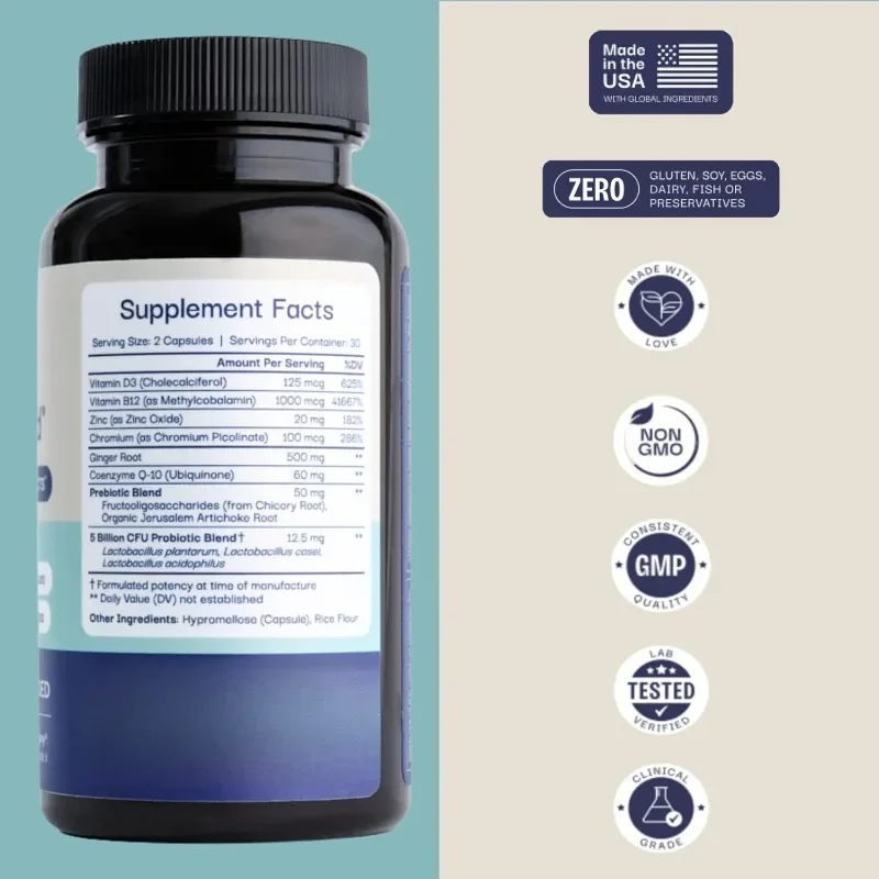 فيتامينات GLP-1 الطبيعية تحتوي على بروبيوتيك وفيتامين D3/B12 والكروم وجذر الزنجبيل -60 كبسولة