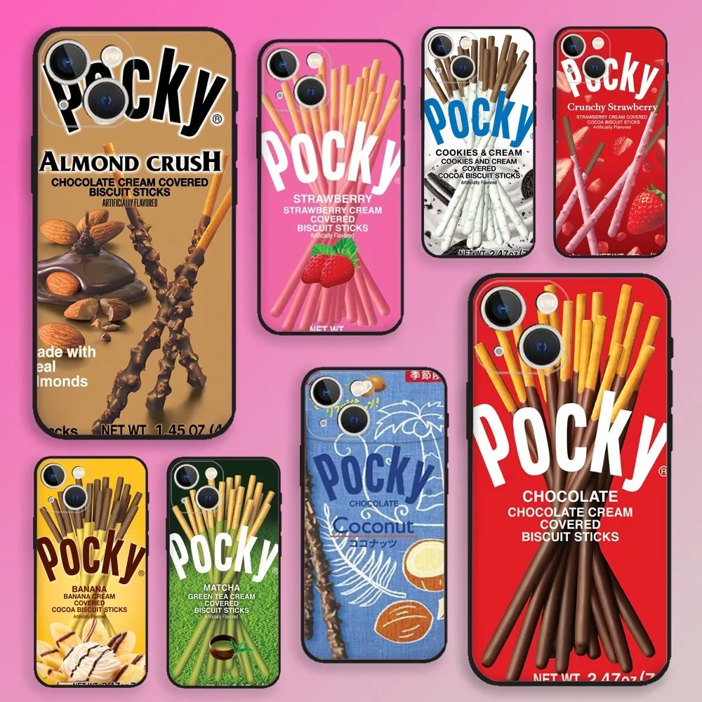 Funda de teléfono P-Pocky Chocolate bar para iPhone 15,14,13,12,11,Plus,Pro Max,XS,X,XR,SE,Mini,8,7 funda negra de silicona suave