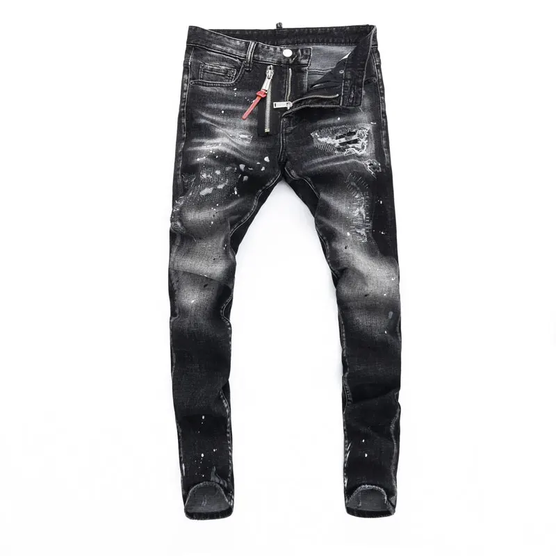 Street Fashion Men Jeans High Quality Retro Black Gray Stretch Slim Fit Ripped Jeans Men Painted Designer Hip Hop Brand Pants