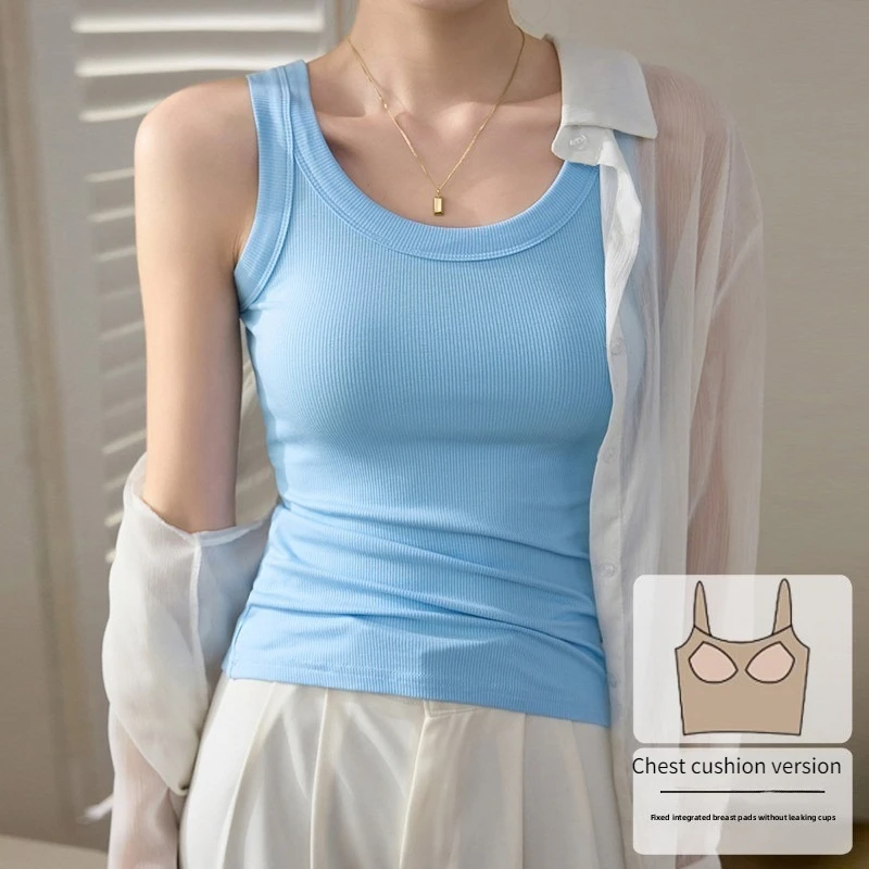 

Summer girls' threaded cotton breast protector anti glare inner strap with chest cushion camisole vest