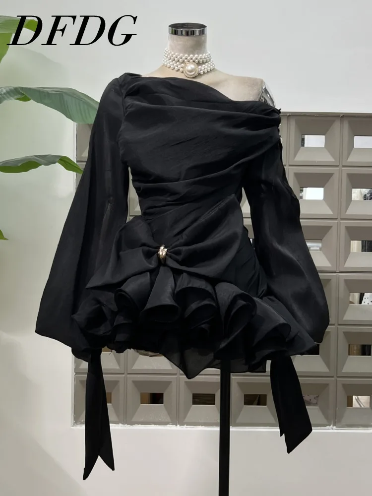 DFDG 2025 SS Women's Pleated Voile Off-Shoulder Shirt Dress Bow Detail Puff Skirt  Unique Resort Party Exclusive Design Dress