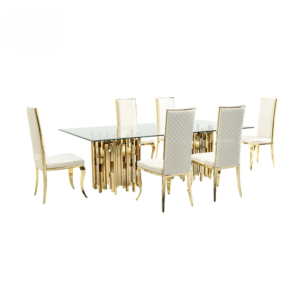 Gold and silver stainless steel metal dinning table and chair set for 4 6 seater luxury malaysia tempered glass top dining table