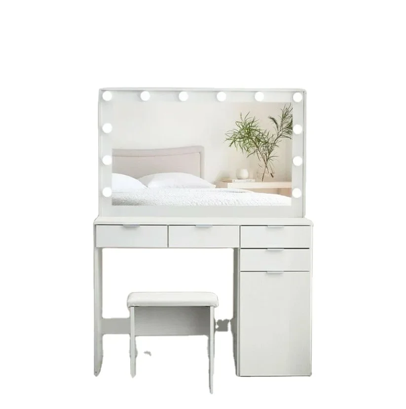 White Dressing Table with 3 Color LED Mirror Set Hollywood Style Light Vanity Makeup Table with 4 Drawers and 1 Closed Storage