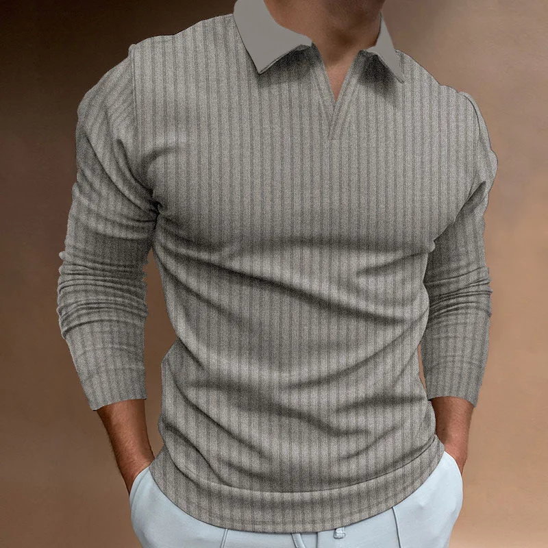 Men's New Autumn Fitness Business Casual Standing Collar Long Sleeve Vertical Strip V-neck Polo Shirt