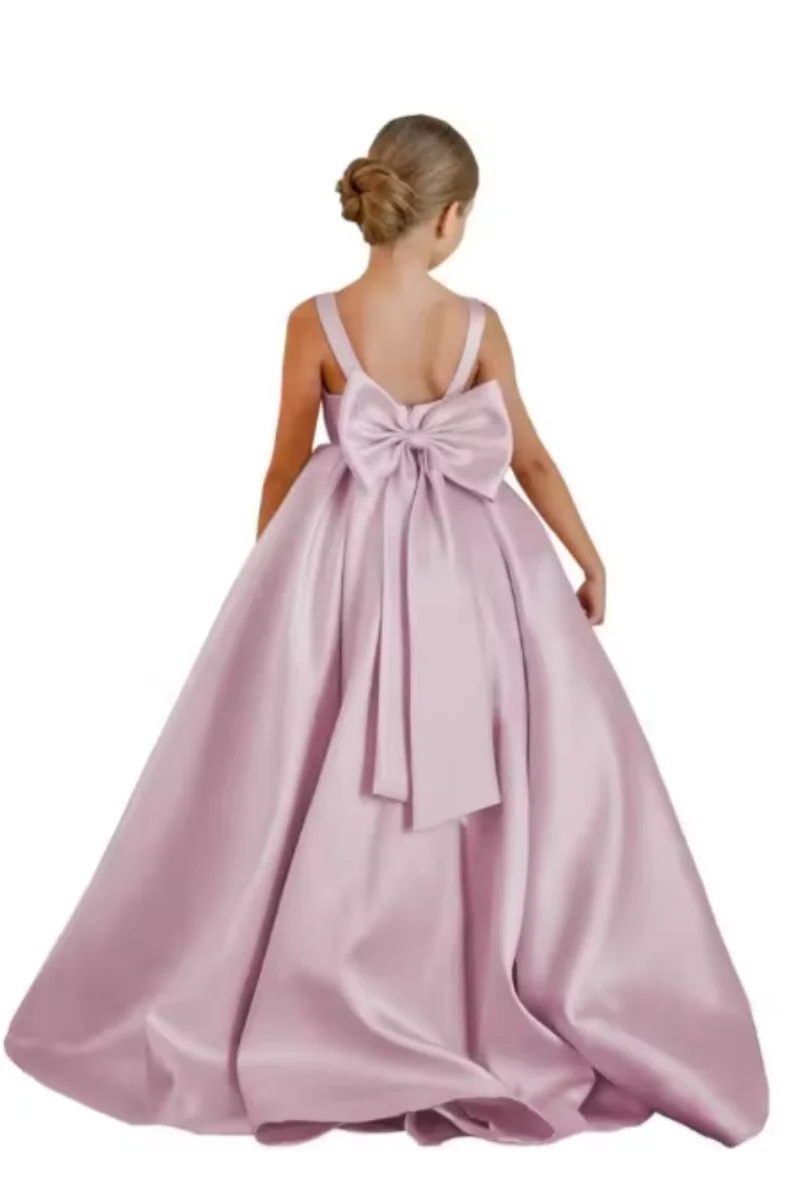 Vestido de fiesta de boda de satén para niños, vestido sencillo con lazo y flores para niña, vestido largo de cumpleaños, vestido de primera comunión