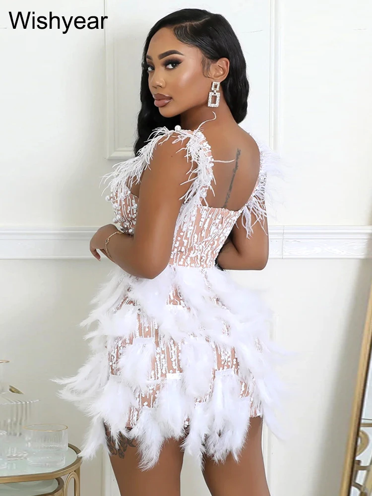 Nowa elegancka luksusowa perłowa sukienka z piórami Bodycon Midi sukienka seksowna impreza w klubie nocnym gość weselny wieczór kobiety odzież urodzinowa — zdjęcie 3