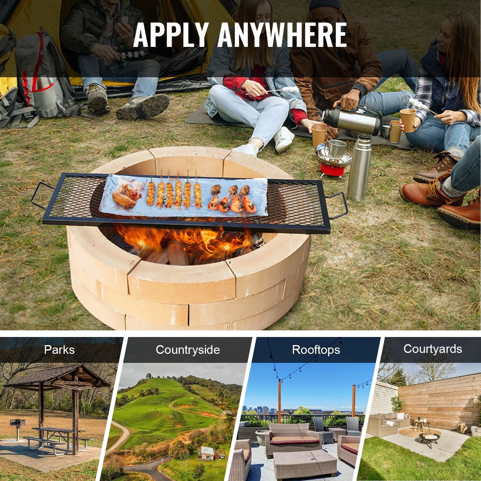 X-Marks Fire Pit Grill Grate, Rectangle Cooking, Heavy Duty Steel Campfire BBQ Grid with Handle & Support Wire, Portable Camping