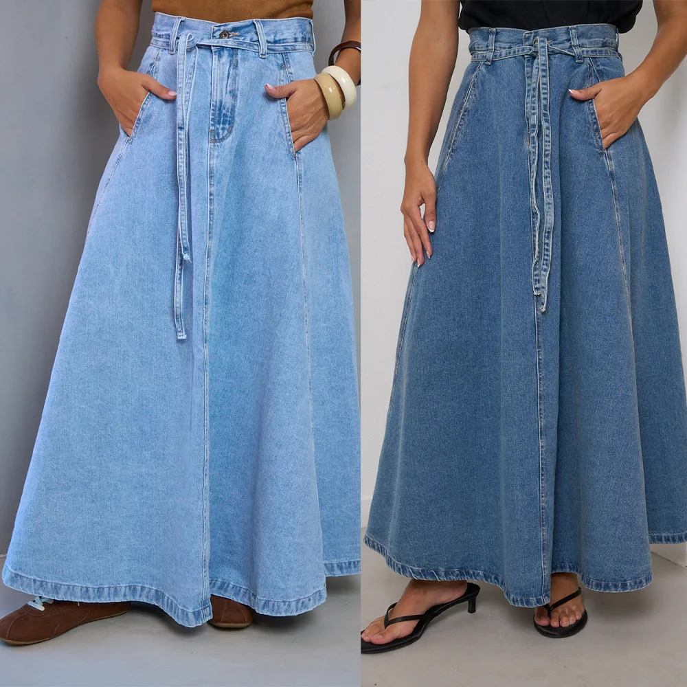 Denim Skirts Women Mid Length Skirt A Line High Waist Casual Regular Button Elegant Splice Y2k Streetwear Work 2026 Spring